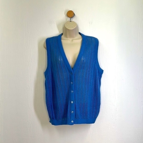 Lady Devon - Vintage Blue Open Knit Front Button Down Sweater Vest Size Small - Picture 2 of 12